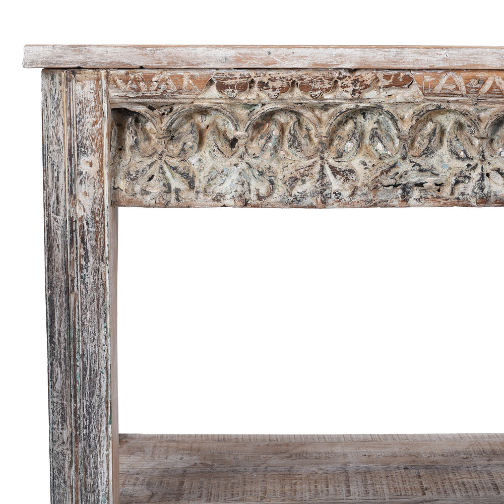 Corner Detail Showing Carving On Carved Indian Console Table Made From Reclaimed Teak Wood With Floral Detailing