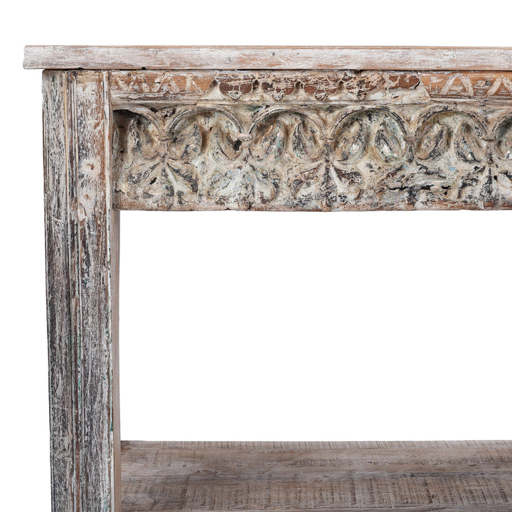 Corner Detail Showing Carving On Carved Indian Console Table Made From Reclaimed Teak Wood With Floral Detailing