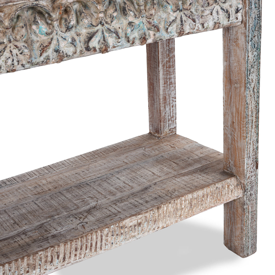 Shelf Detail From Carved Indian Console Table Made From Reclaimed Teak Wood With Floral Detailing