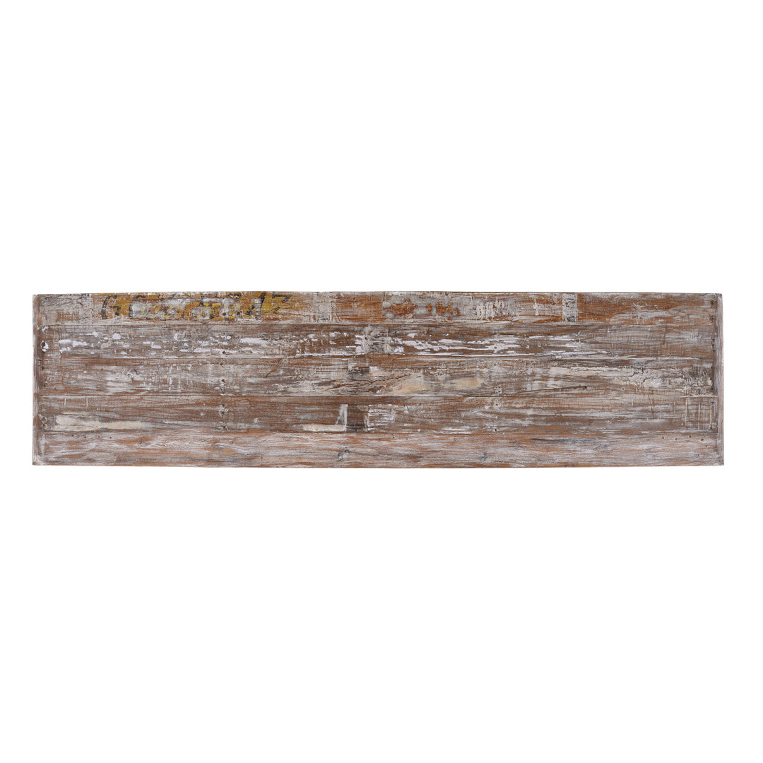 Top Down View Of Carved Indian Console Table Made From Reclaimed Teak Wood With Floral Detailing