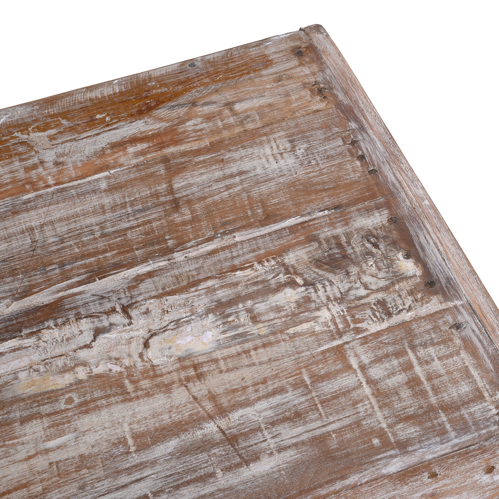 Corner Detail From Carved Indian Console Table Made From Reclaimed Teak Wood With Floral Detailing