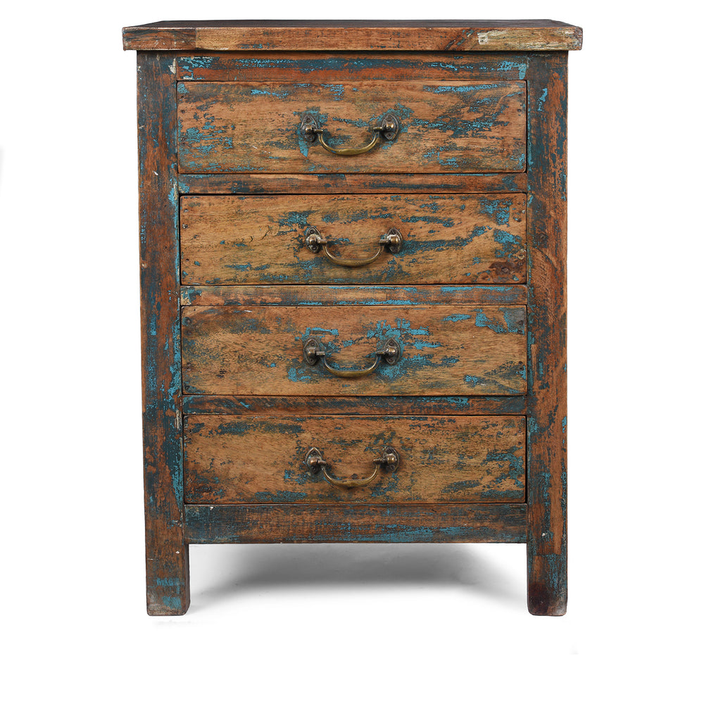 Reclaimed Wood Indian Bedside Cabinet With Four Drawers And Distressed Blue Paint Finish | Indigo Antiques