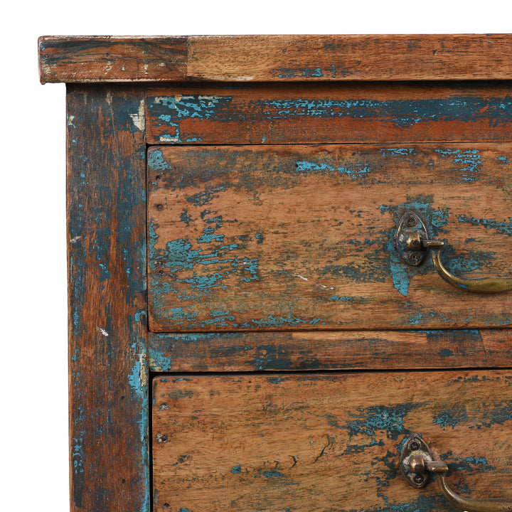 Corner Detail From Reclaimed Wood Indian Bedside Cabinet With Four Drawers And Distressed Blue Paint Finish | Indigo Antiques