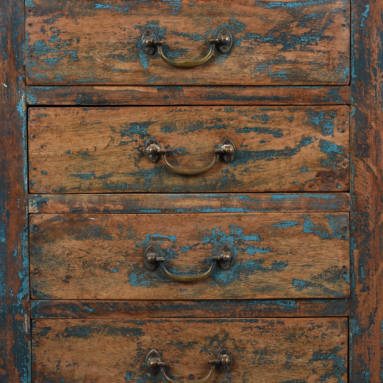 Drawers Detail From Reclaimed Wood Indian Bedside Cabinet With Four Drawers And Distressed Blue Paint Finish | Indigo Antiques