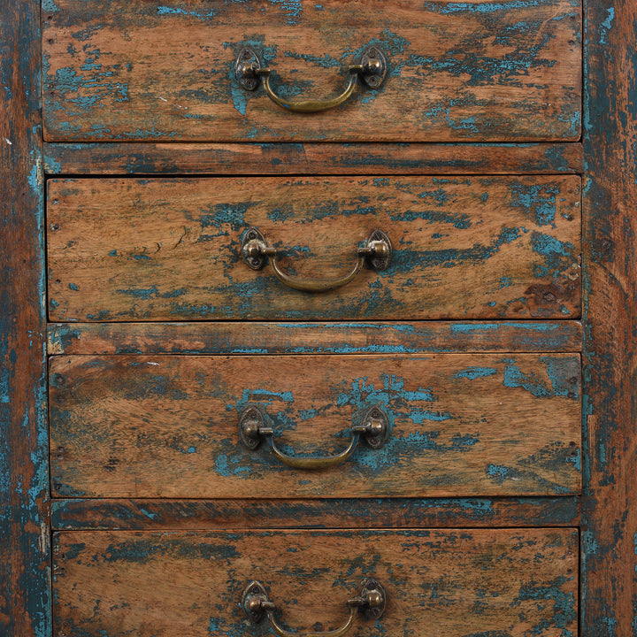 Drawers Detail From Reclaimed Wood Indian Bedside Cabinet With Four Drawers And Distressed Blue Paint Finish | Indigo Antiques