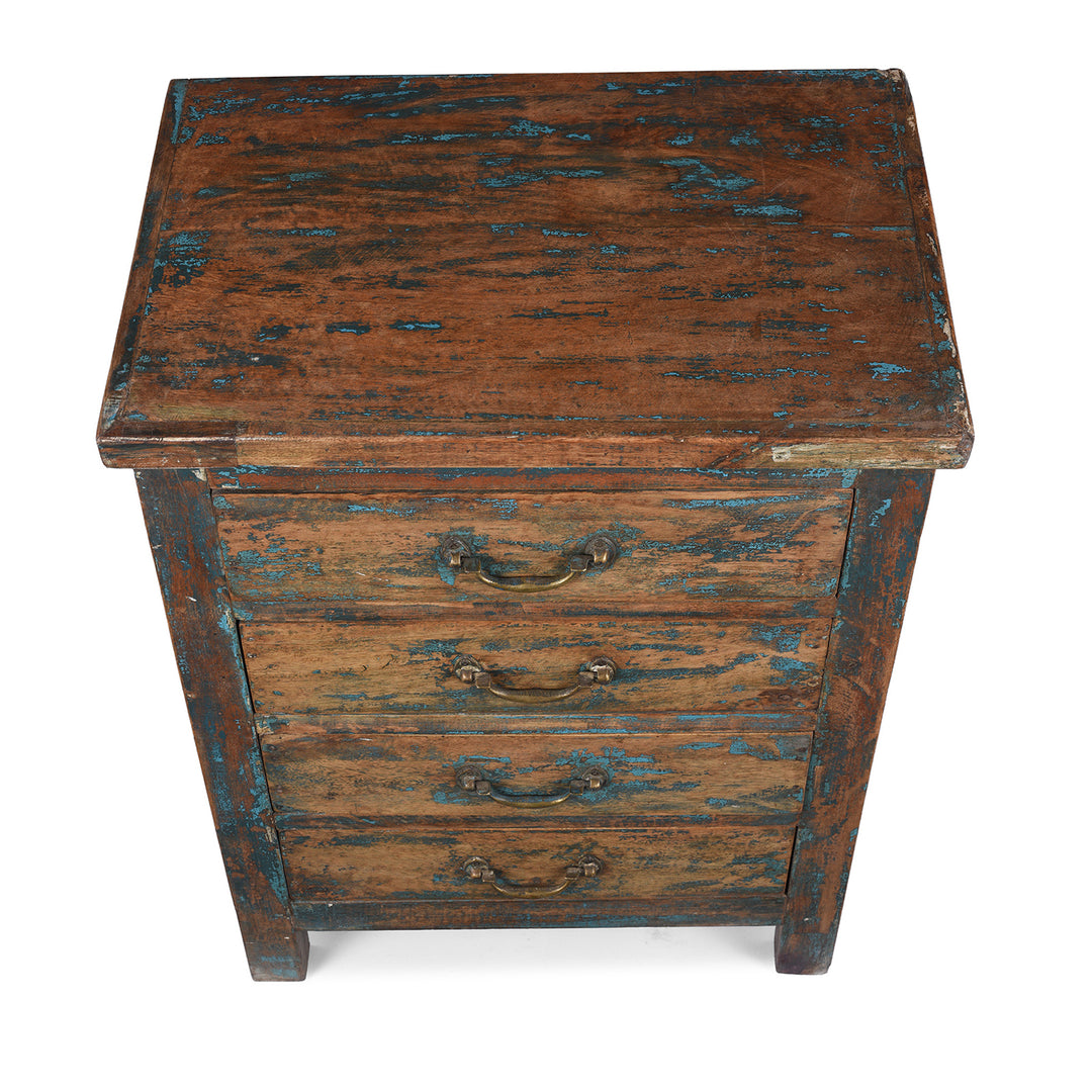 Top Down View Of Reclaimed Wood Indian Bedside Cabinet With Four Drawers And Distressed Blue Paint Finish | Indigo Antiques