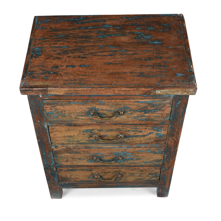 Top Down View Of Reclaimed Wood Indian Bedside Cabinet With Four Drawers And Distressed Blue Paint Finish | Indigo Antiques