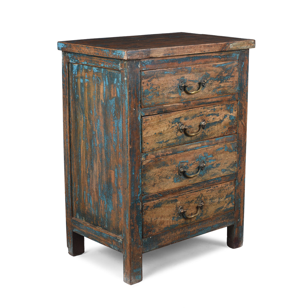 Angled VIew Of Reclaimed Wood Indian Bedside Cabinet With Four Drawers And Distressed Blue Paint Finish | Indigo Antiques