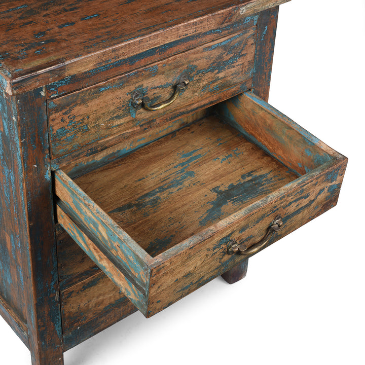 Drawer Interior Detail From Reclaimed Wood Indian Bedside Cabinet With Four Drawers And Distressed Blue Paint Finish | Indigo Antiques