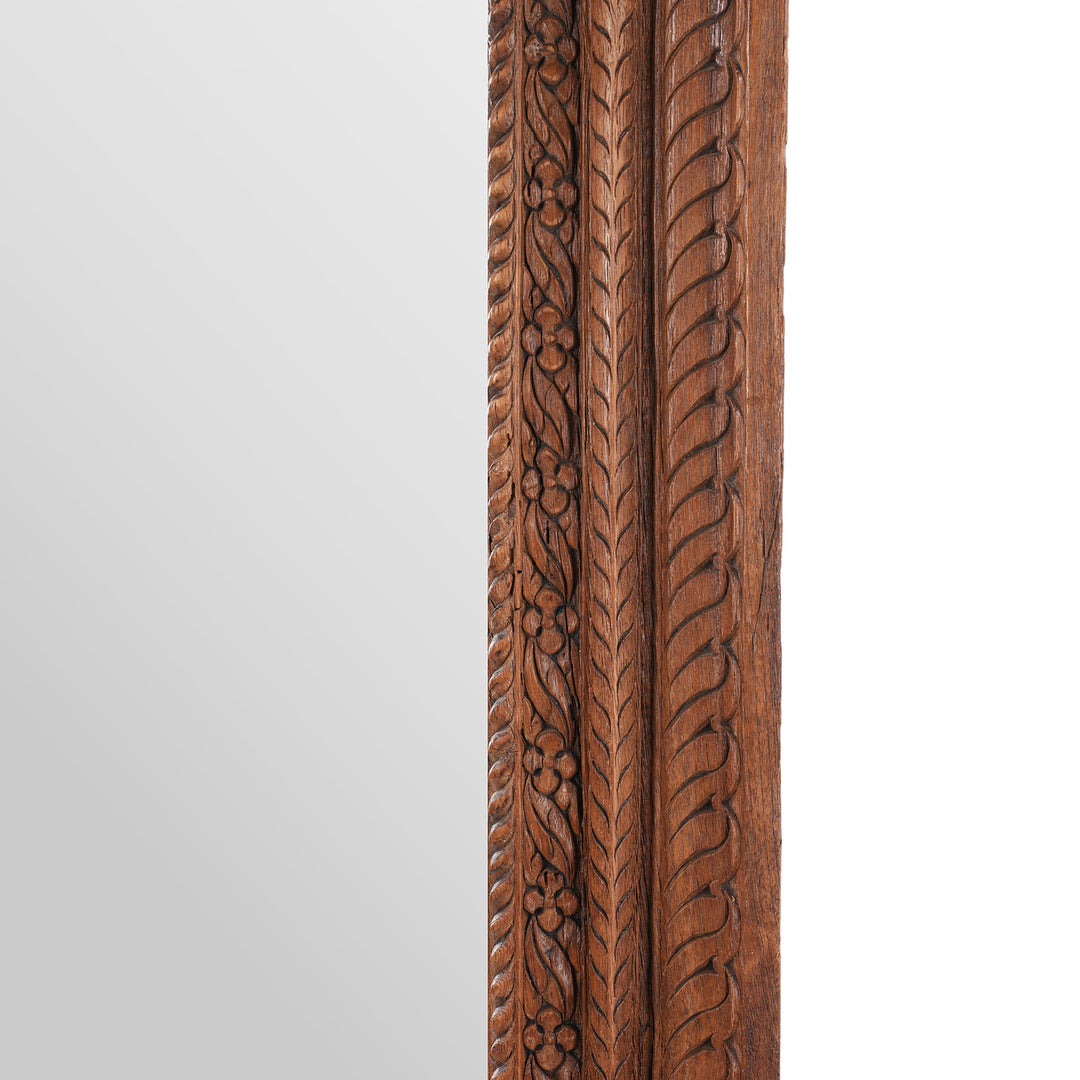 Frame Carving Detail From 19th-Century South Indian Teak Mirror With Intricate Botanical Carvings And Temple-Inspired Details.