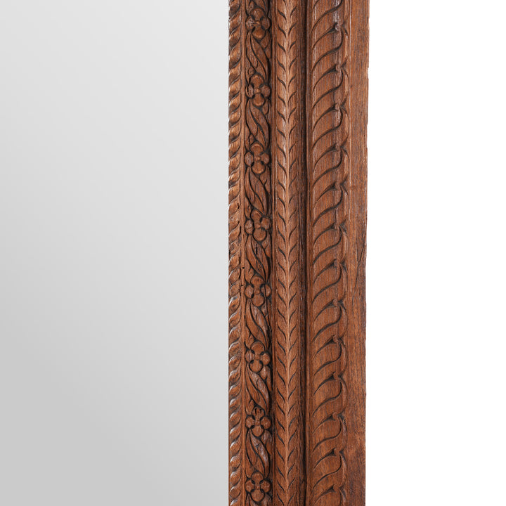 Frame Carving Detail From 19th-Century South Indian Teak Mirror With Intricate Botanical Carvings And Temple-Inspired Details.