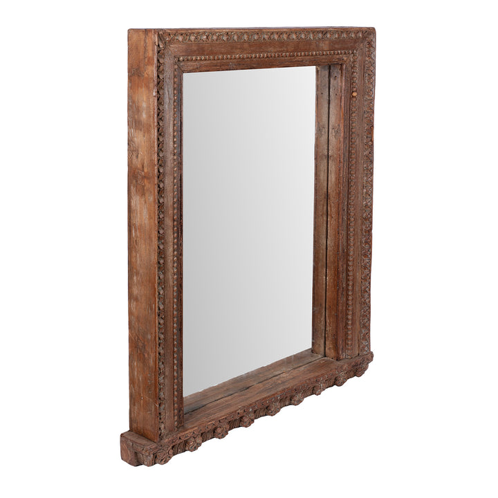 Angled View Of Indian Carved Mirror Made From Old Architectural Teak | Indigo Antiques