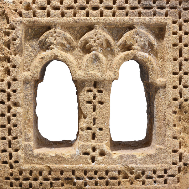 Detail From Antique 19th Century Jaisalmer Yellow Sandstone Twin Arched Lamp Niche Mounted On Stand With Hand Carved Geometric Detailing | Indigo Antiques