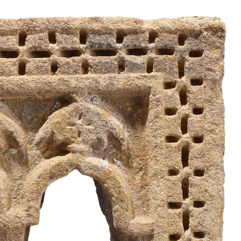 Corner Detail From Antique 19th Century Jaisalmer Yellow Sandstone Twin Arched Lamp Niche Mounted On Stand With Hand Carved Geometric Detailing | Indigo Antiques