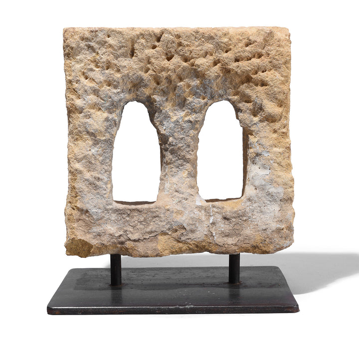 Back Of Antique 19th Century Jaisalmer Yellow Sandstone Twin Arched Lamp Niche Mounted On Stand With Hand Carved Geometric Detailing | Indigo Antiques