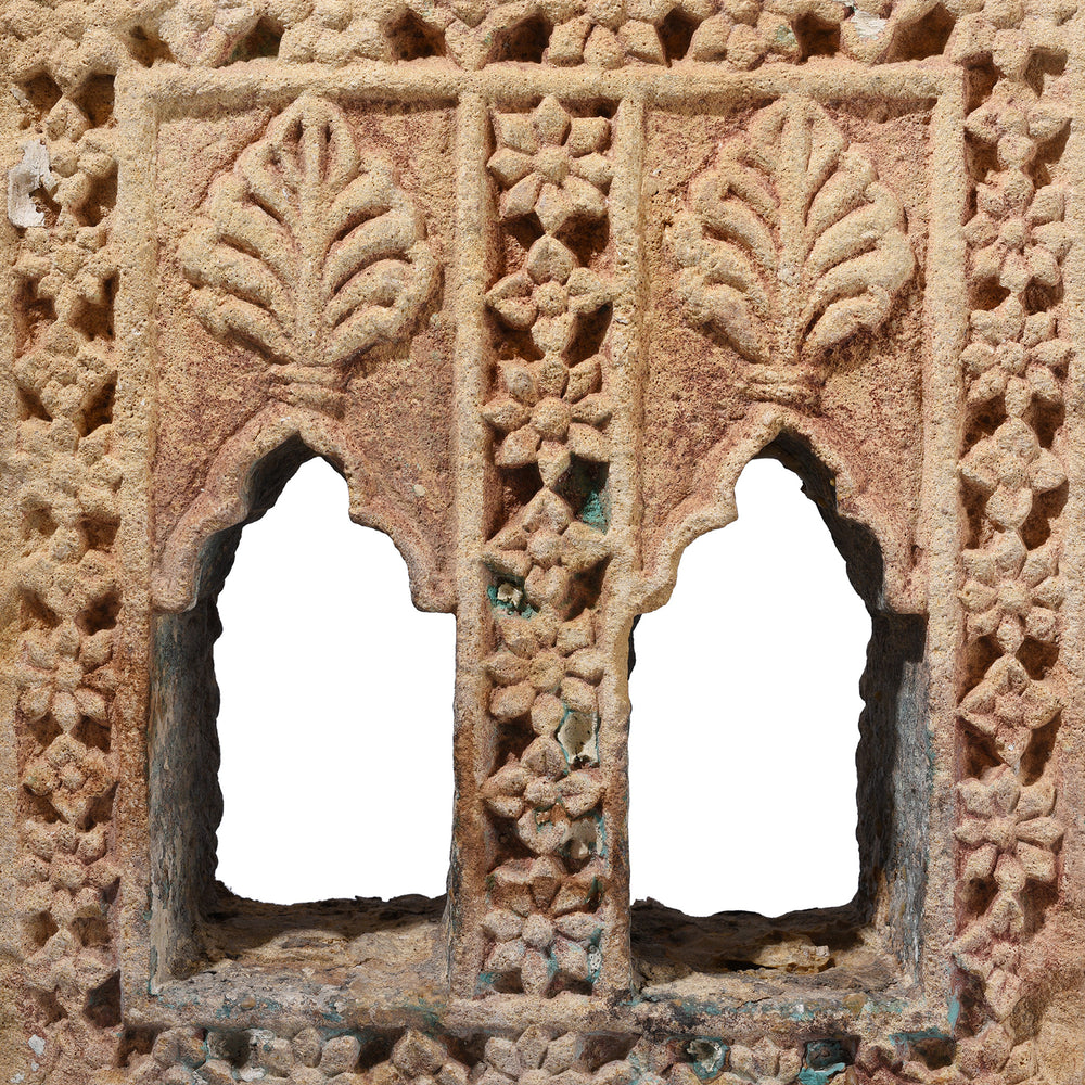Carving Detail From Antique Hand Carved Yellow Sandstone Lamp Niche From Jaisalmer Rajasthan With Floral Detailing Mounted On Iron Stand