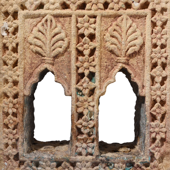 Carving Detail From Antique Hand Carved Yellow Sandstone Lamp Niche From Jaisalmer Rajasthan With Floral Detailing Mounted On Iron Stand