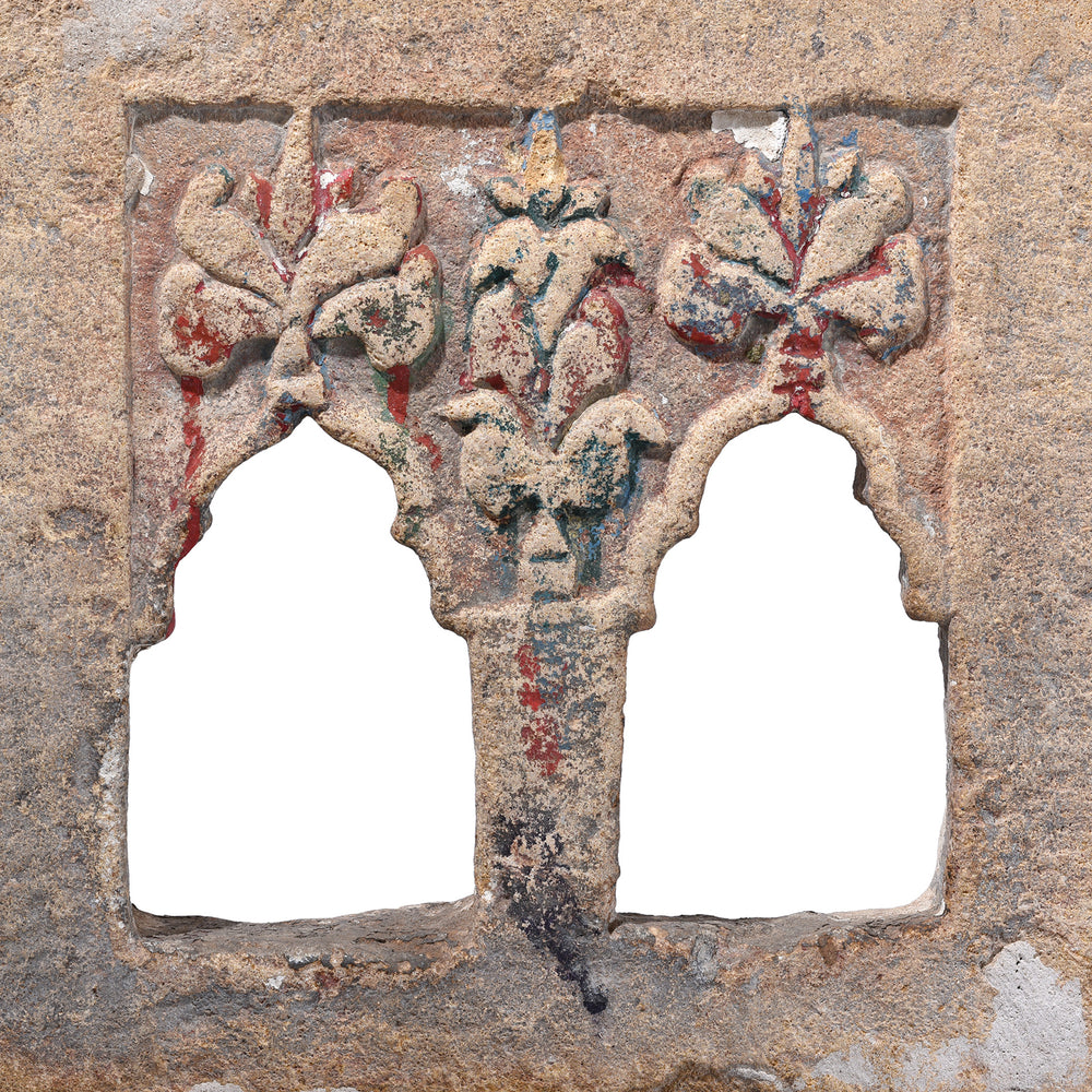 Detail From Two Way Stone Lamp Niche From Jaisalmer With Floral Carving And Traces Of Pigment 19th Century