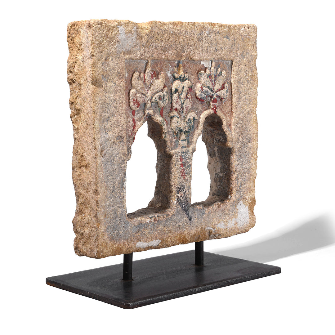 Angled VIew Of Two Way Stone Lamp Niche From Jaisalmer With Floral Carving And Traces Of Pigment 19th Century
