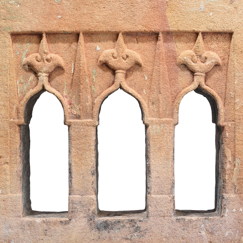 Carving Detail From 3 Way 19th Century Jaisalmer Sandstone Lamp Niche Mounted On Iron Stand With Triple Arched Openings