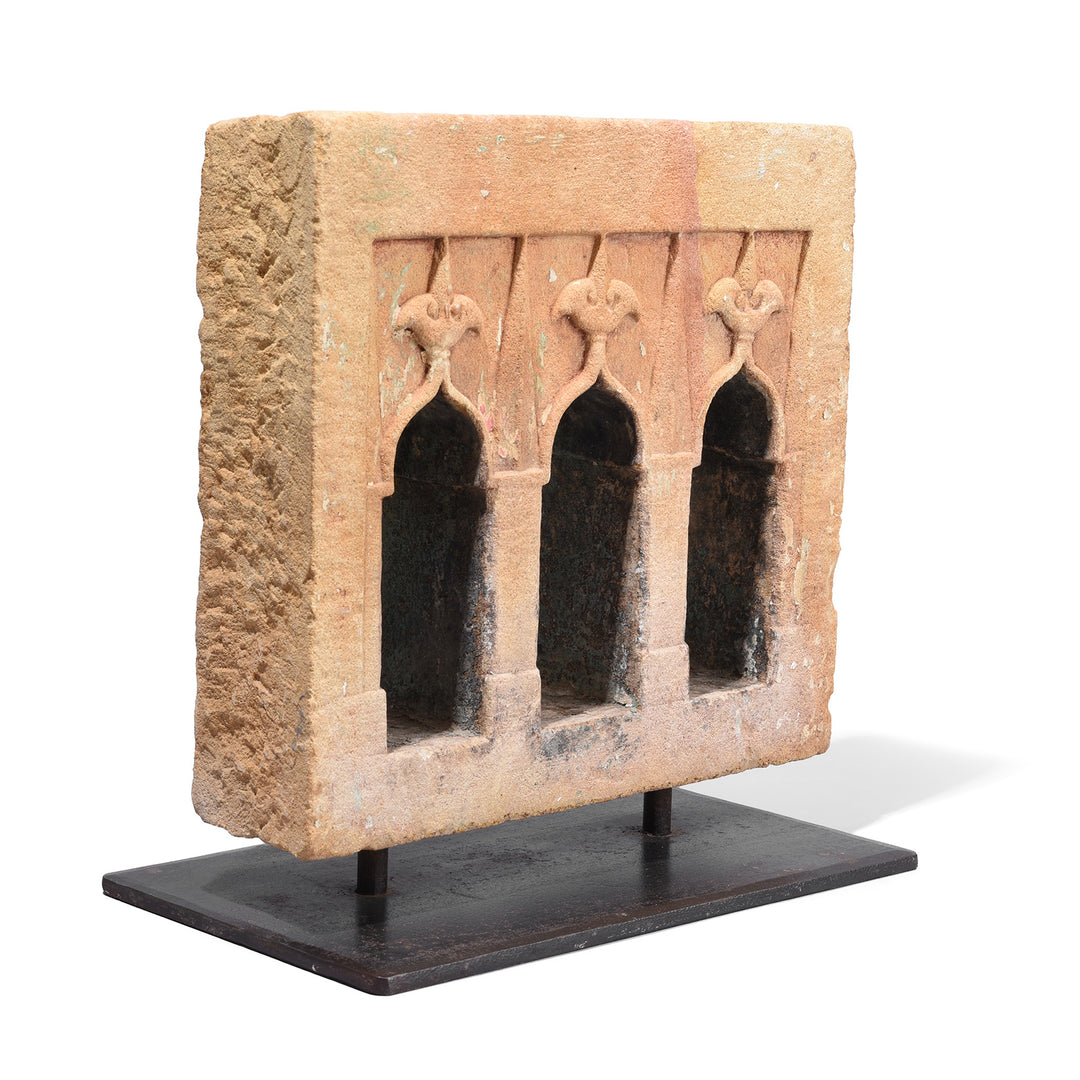 Angled VIew Of 3 Way 19th Century Jaisalmer Sandstone Lamp Niche Mounted On Iron Stand With Triple Arched Openings