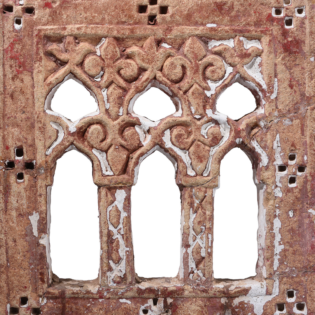 Stone Carving Detail From Three Way Hand Carved Sandstone Lamp Niche From Jaisalmer Rajasthan With Traces Of Pigment Mounted On Iron Stand