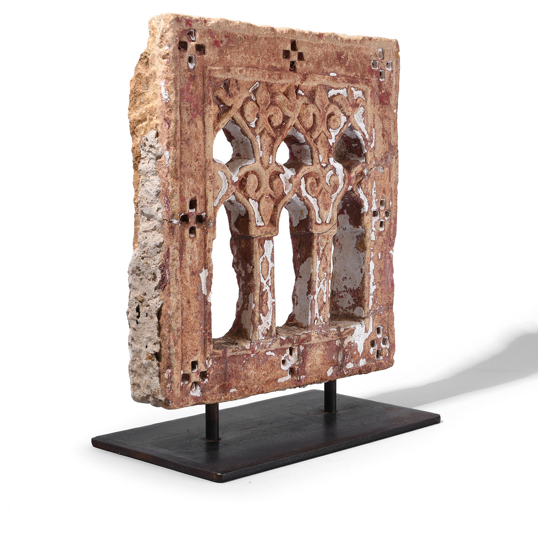 Angled VIew Of Three Way Hand Carved Sandstone Lamp Niche From Jaisalmer Rajasthan With Traces Of Pigment Mounted On Iron Stand