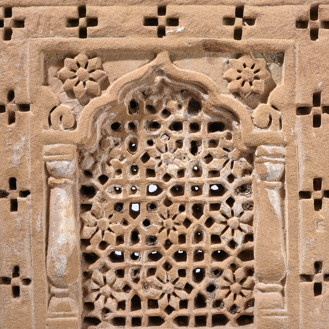 Carving Detail From Carved Sandstone Jali Panel From Jaisalmer Rajasthan With Geometric And Floral Latticework Mounted On Iron Stand