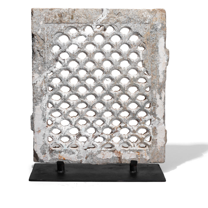 Back Of Carved Stone Jali Fretwork Panel From Dungarpur Rajasthan Mounted On Iron Stand