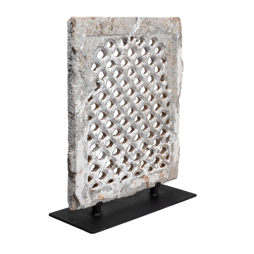 Angled View Of Carved Stone Jali Fretwork Panel From Dungarpur Rajasthan Mounted On Iron Stand