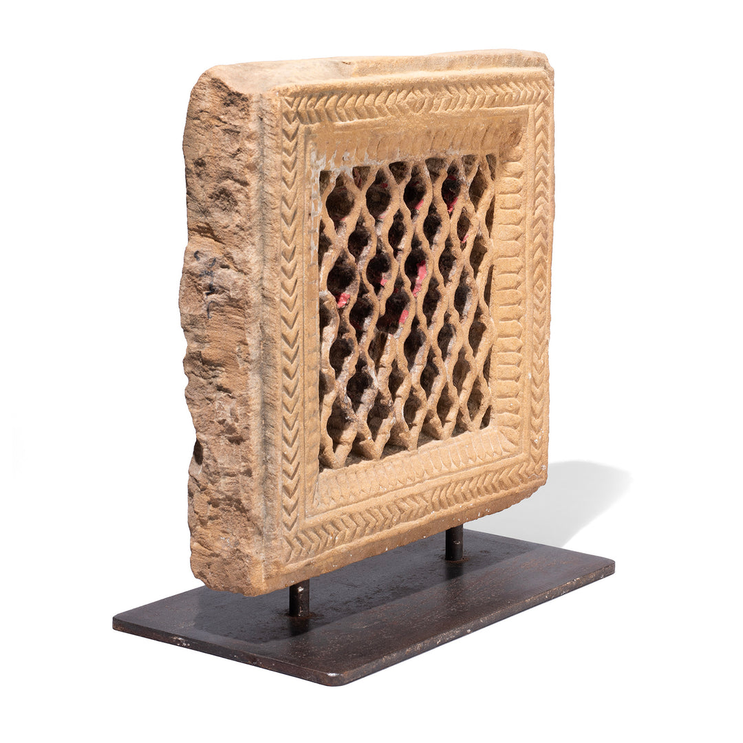 Angled VIew Of Carved Stone Jali Fretwork Panel From Jaisalmer On Stand 19th Century