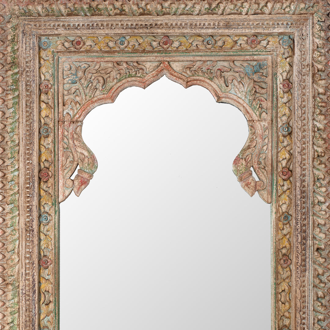 Arch Detail From Hand Carved Indian Mango Wood Mihrab Mirror With Painted Floral Detailing