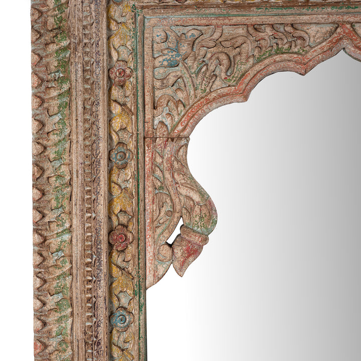 Carving Detail From Hand Carved Indian Mango Wood Mihrab Mirror With Painted Floral Detailing