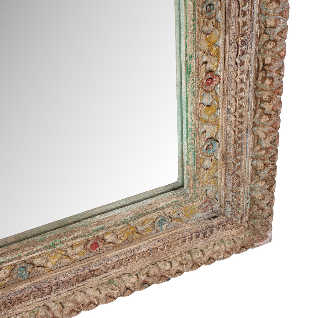 Frame Depth Detail From Hand Carved Indian Mango Wood Mihrab Mirror With Painted Floral Detailing