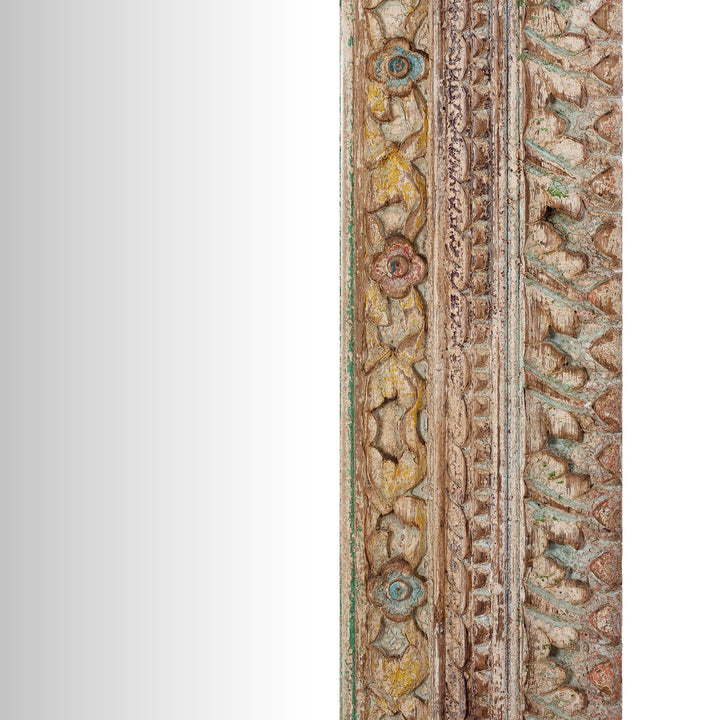 Frame Carving Detail From Hand Carved Indian Mango Wood Mihrab Mirror With Painted Floral Detailing