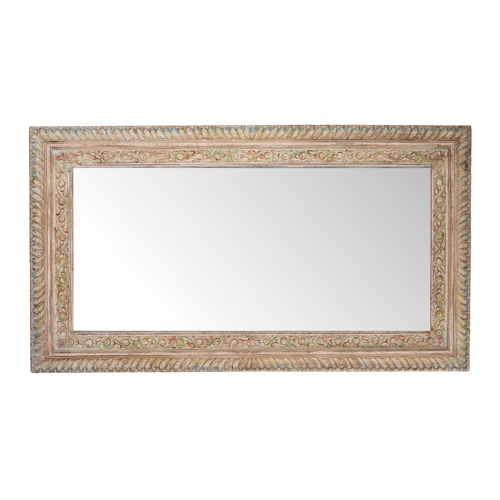 Landscape View Of Hand Carved Indian Mango Wood Mirror With Floral Carving And Painted Detailing