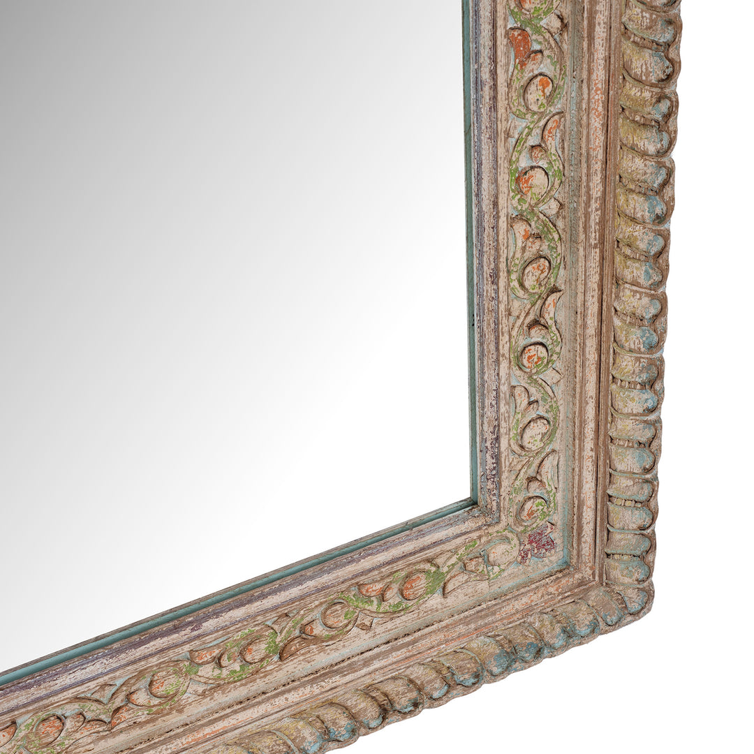 Depth Detail From Hand Carved Indian Mango Wood Mirror With Floral Carving And Painted Detailing