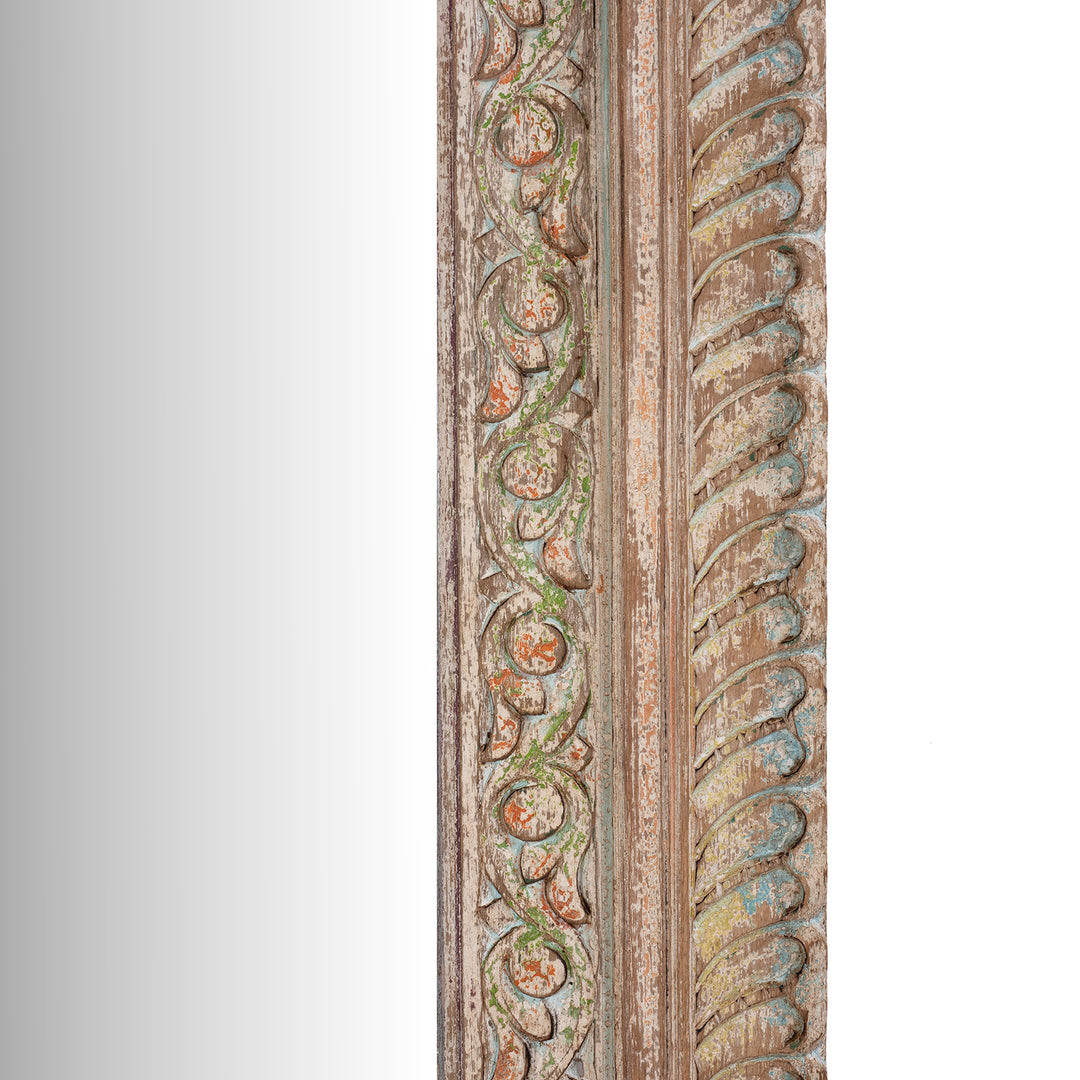Frame Carving Detail From Hand Carved Indian Mango Wood Mirror With Floral Carving And Painted Detailing