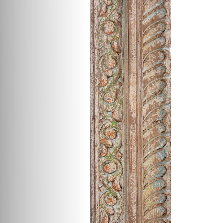 Frame Carving Detail From Hand Carved Indian Mango Wood Mirror With Floral Carving And Painted Detailing
