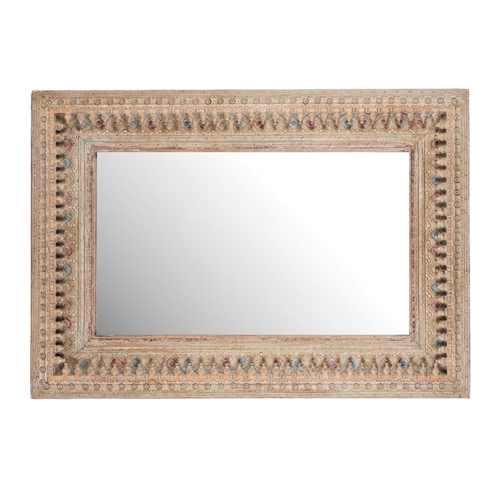Landscape View Of Indian Rectangular Hand Carved Mango Wood Mirror With Painted Floral And Geometric Detailing