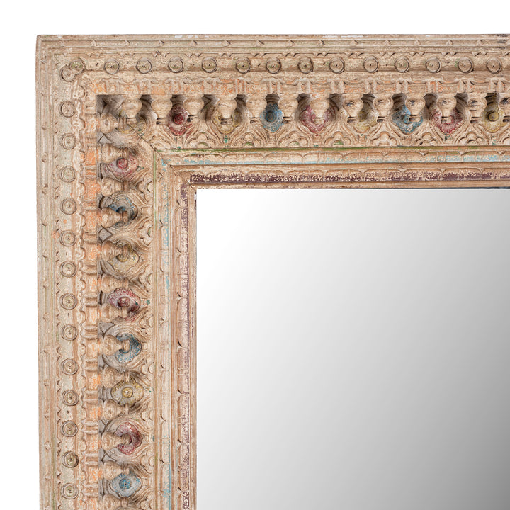 Corner Detail From Indian Rectangular Hand Carved Mango Wood Mirror With Painted Floral And Geometric Detailing