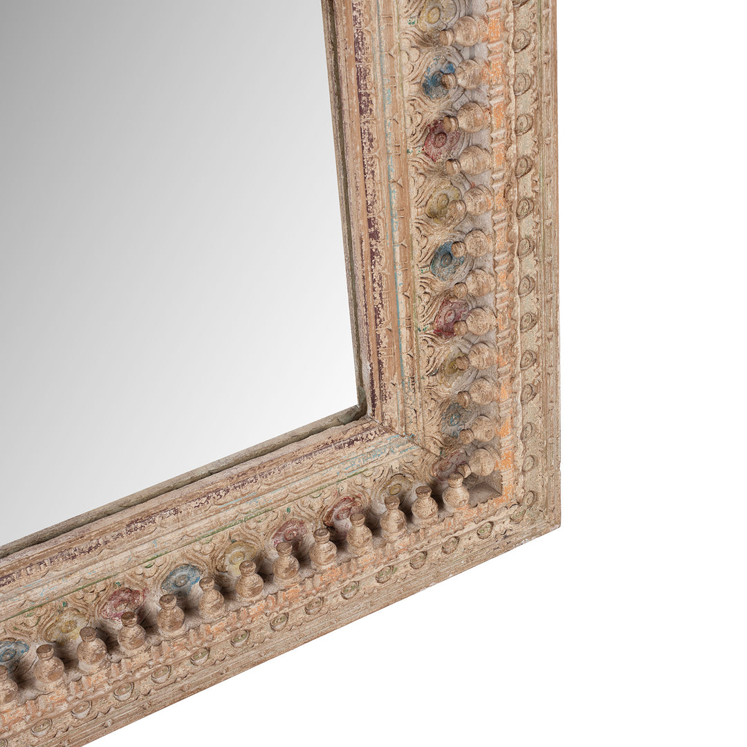 Depth Detail From Indian Rectangular Hand Carved Mango Wood Mirror With Painted Floral And Geometric Detailing