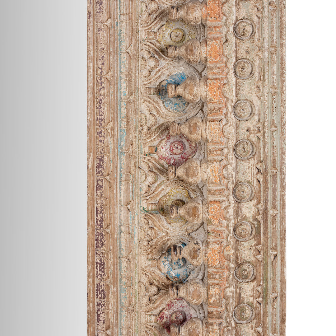Carving Detail From Frame Of Indian Rectangular Hand Carved Mango Wood Mirror With Painted Floral And Geometric Detailing