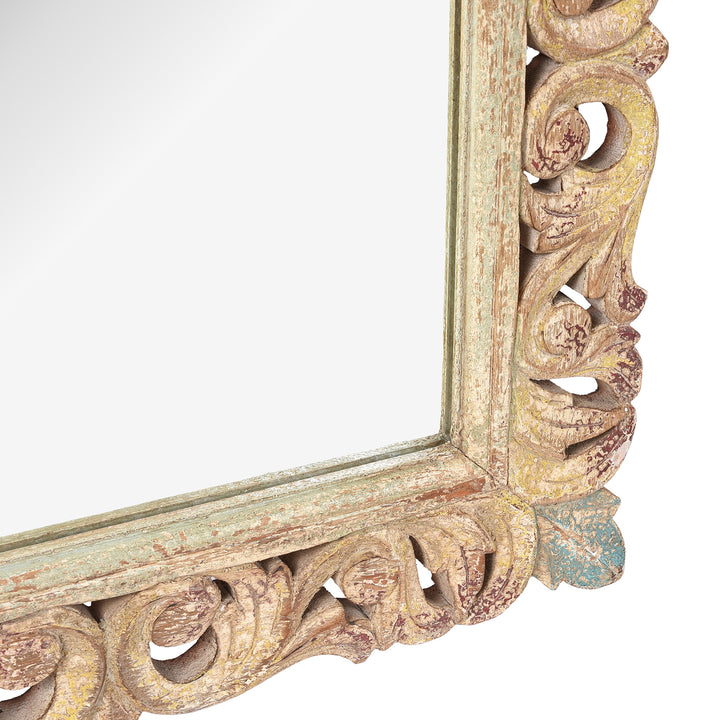 Depth Detail From Carved Mango Wood Indian Mirror With Yellow And Blue Painted Frame