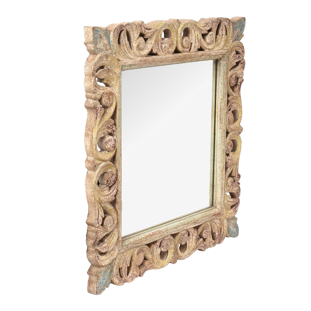 Angled View Of Carved Mango Wood Indian Mirror With Yellow And Blue Painted Frame