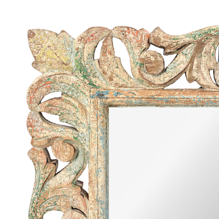 Corner Detail Showing Carving From Carved Mango Wood Indian Mirror With Green And Red Painted Frame