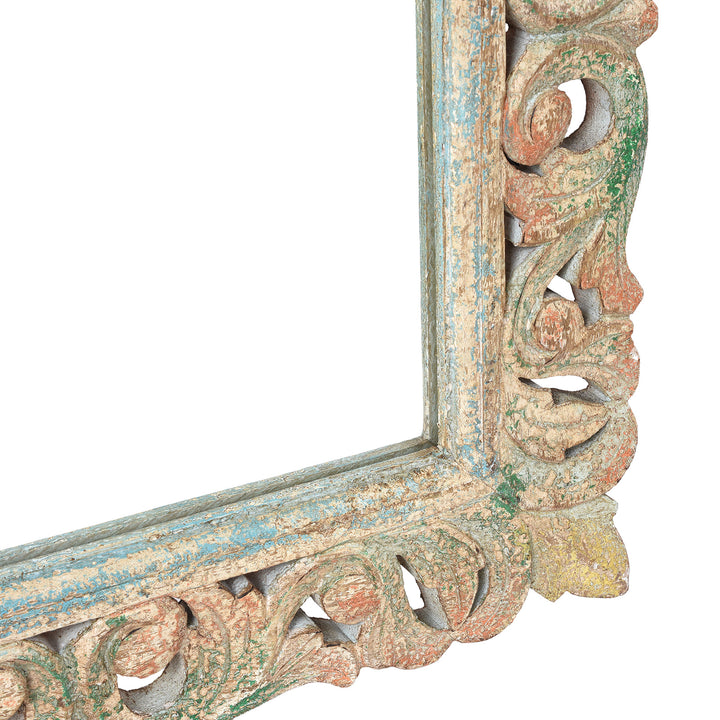 Depth Detail From Carved Mango Wood Indian Mirror With Green And Red Painted Frame