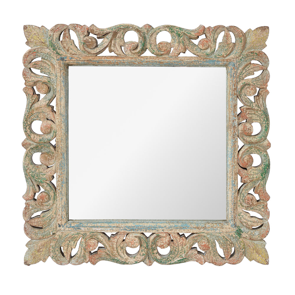 Carved Mango Wood Indian Mirror With Green And Red Painted Frame