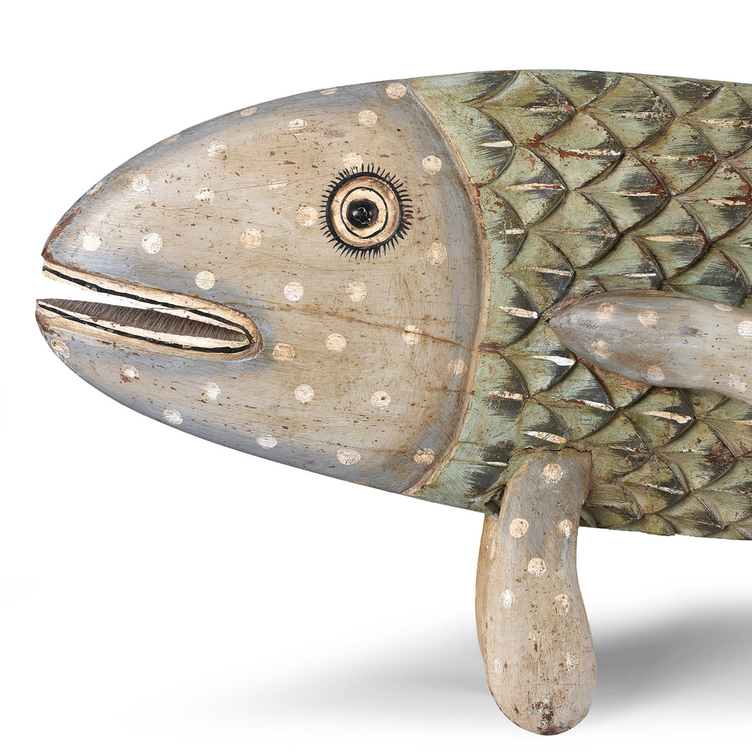 Face Detail of Paintwork From Grey Painted Carved Fish from Rajasthan