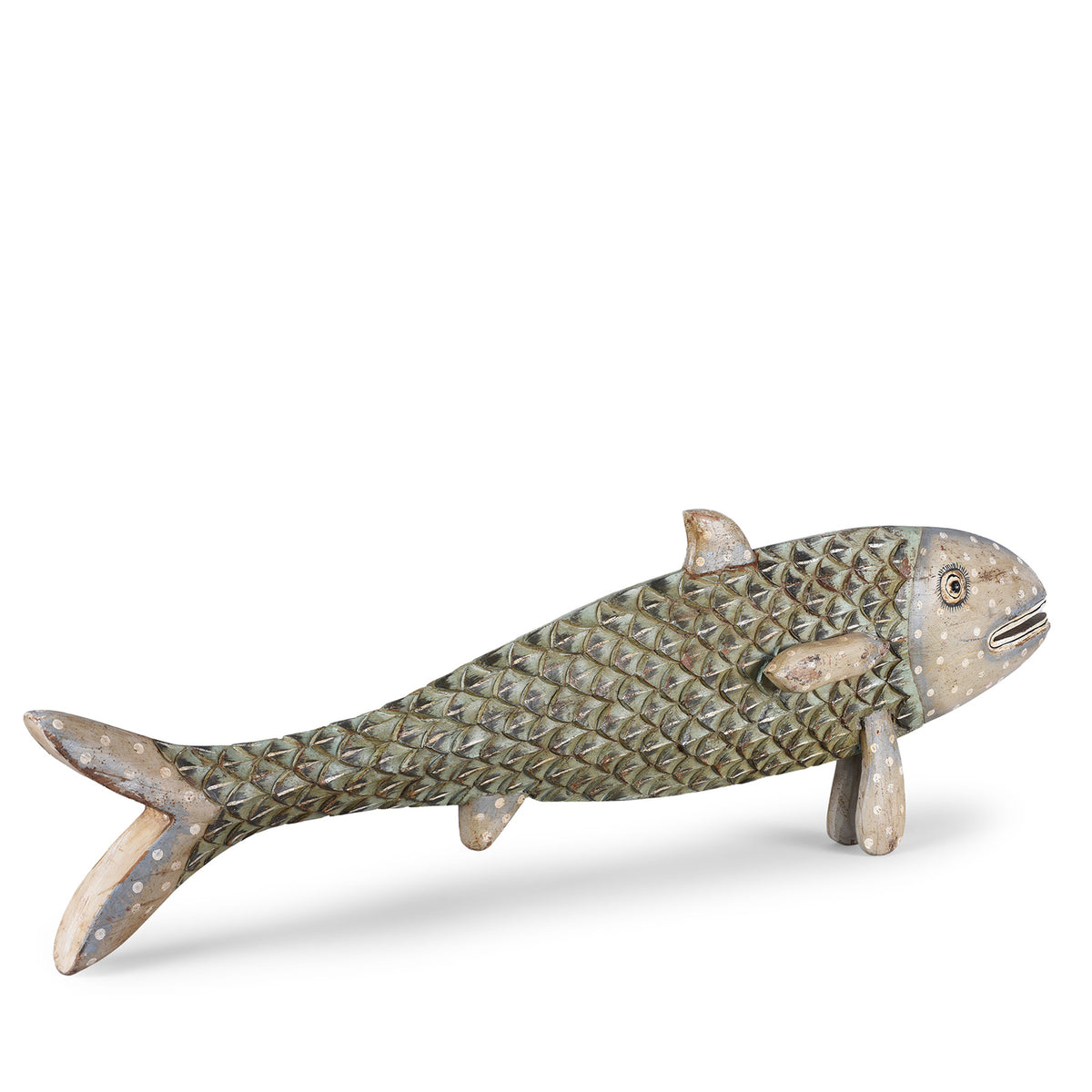 Angled Rear View Of Grey Painted Carved Fish from Rajasthan